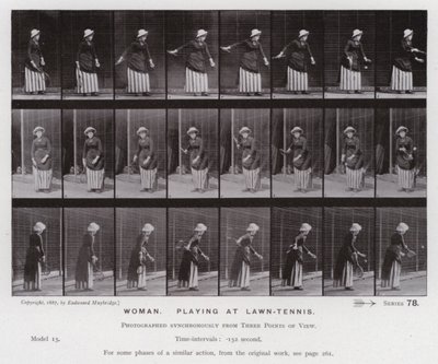 動きのある人間像ローンテニスで遊ぶ女性（モノクロ写真 作： Eadweard Muybridge