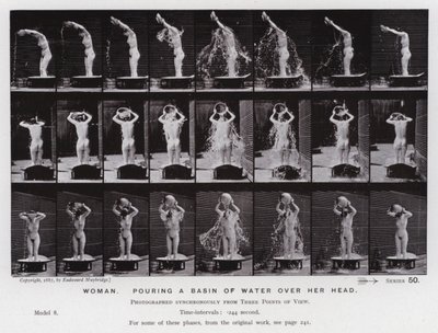 動きのある人間像水を入れた洗面器を頭にかぶる女性（モノクロ写真 作： Eadweard Muybridge