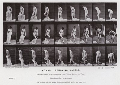 動く人間像。マントを外す女性（モノクロ写真 作： Eadweard Muybridge