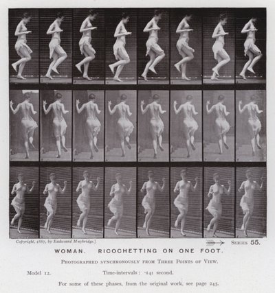 動く人間の姿。片足で跳びはねる女性（モノクロ写真 作： Eadweard Muybridge