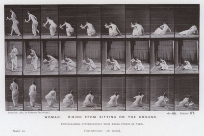 動く人間の姿。地面に座っている状態から立ち上がる女性（モノクロ写真 作： Eadweard Muybridge