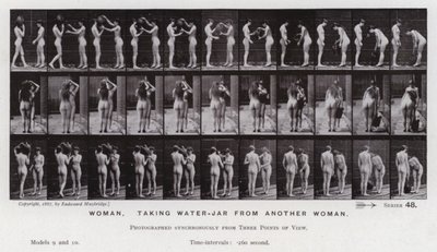 動きのある人間像女性、他の女性から水がめを受け取る（モノクロ写真 作： Eadweard Muybridge