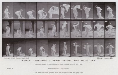 動きのある人間像。ショールを肩にかける女性（モノクロ写真 作： Eadweard Muybridge