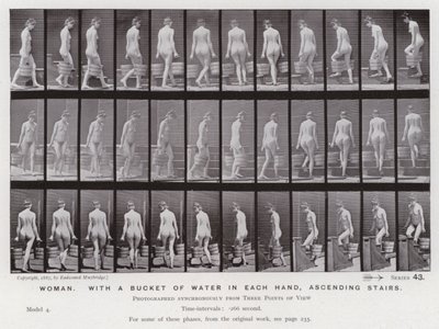 動いている人間の姿：両手にバケツの水を持ち、階段を上る女性 作： Eadweard Muybridge