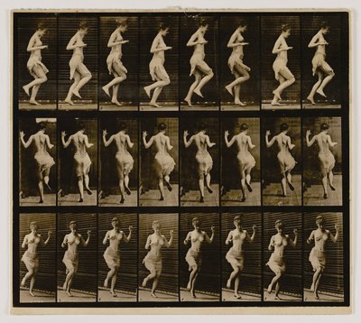 片足で跳ね回る女性（『動物の運動』より 作： Eadweard Muybridge