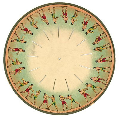 男性のボクシング、1893年を示すzoopraxiscopeディスク 作： Eadweard Muybridge