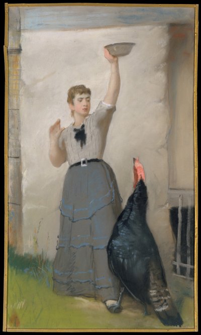 七面鳥に餌をやる、1872-80年頃（織物紙にパステル、キャンバスに取り付け） 作： Eastman Johnson