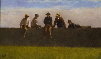 壁に5人の少年、c.1875-1880（作曲ボードに油彩） 作： Eastman Johnson