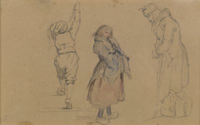 3つのオランダの人物、1852年頃（茶色の紙に黒鉛、トイレ、白チョーク） 作： Eastman Johnson