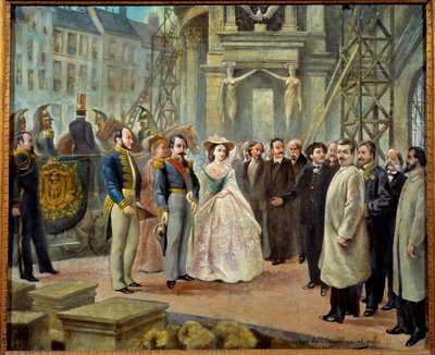 パリのオペラ・ガルニエの作品を見学するナポレオン3世（1808-1873）とインペラトリス・ウージェニー（1826-1920）。ナポレオン3世の左にはジョルジュ・オスマン男爵（1809-1891）、インプレッションの右には腕を上げたシャルル・ガルニエ（1828-1885）がいる。 作： Ed. (after) Gilis