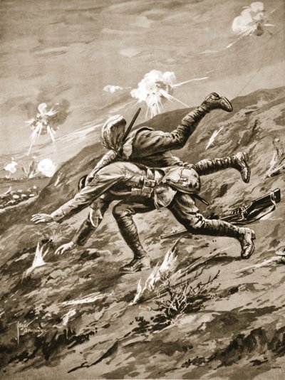 色の軍曹ホールは負傷した同志を救出しようとして致命傷を負う 作： Edgar Alfred Holloway