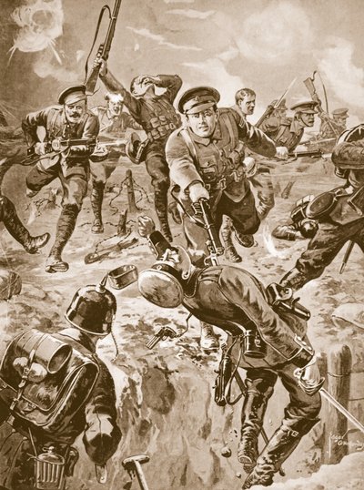 J.Davies伍長と8人の隊員が、取り囲んでいたドイツ軍の一団を銃剣で排除する様子（リトグラフ 作： Edgar Alfred Holloway