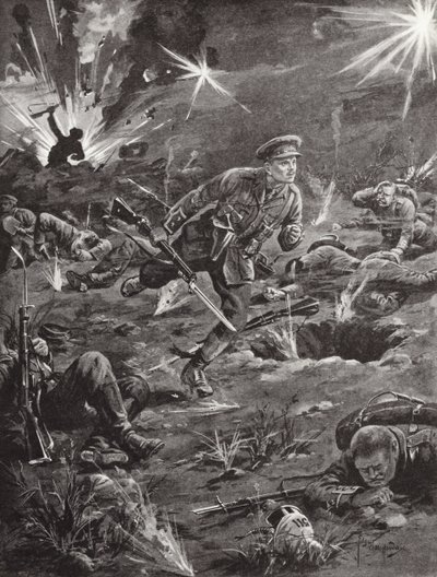 1915年4月、ベンジャミンギアリー中尉が激しい砲撃の下で急いで丘60の右側にある塹壕に向かい、ベルギーのイープルの将校と連絡を取る 作： Edgar Alfred Holloway