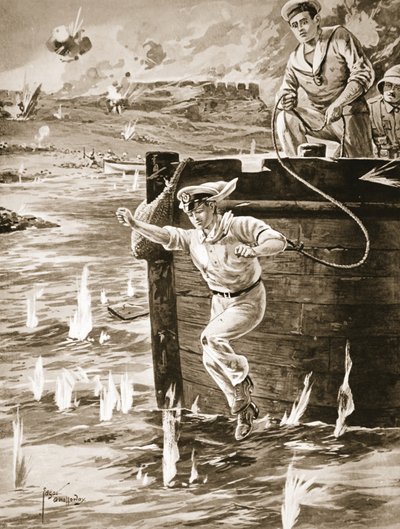 はしけからラインでジャンプして、漂流していた別のはしけをつなぐミッドシップマンマレソン 作： Edgar Alfred Holloway