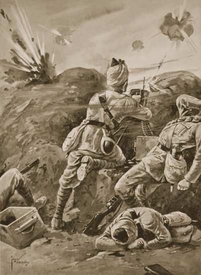 銃の分離の残りが殺された後、機関銃を操作しているSepoy Khudadad 作： Edgar Alfred Holloway