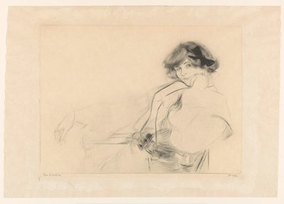 椅子に座っている彼女の髪に弓を持つ若い女性 作： Edgar Chahine (signed by artist)