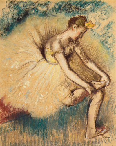 靴を履くダンサー。ダンサーが靴を結ぶ1896 作： Edgar Degas