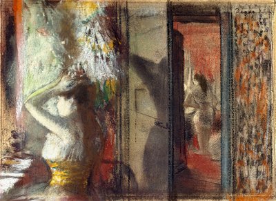 女優の更衣室、1885年頃（紙にエッチングされたパステルカラー） 作： Edgar Degas