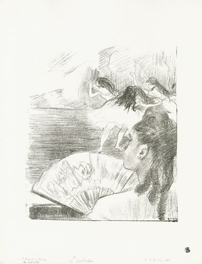 劇場で-ファンを持つ女性、c.1878-80 作： Edgar Degas