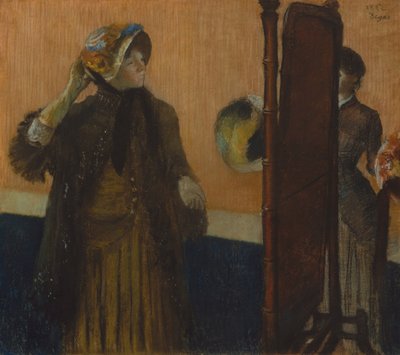 Milliners、1882年（絹のボルトで固定された薄い灰色の織り紙のパステル） 作： Edgar Degas