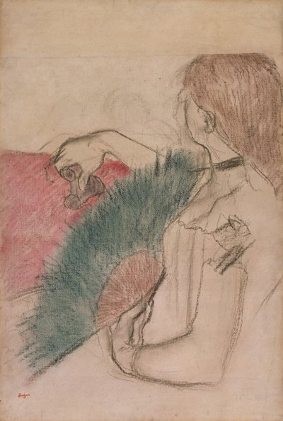 劇場で、ファンを持つ女性、1880 作： Edgar Degas