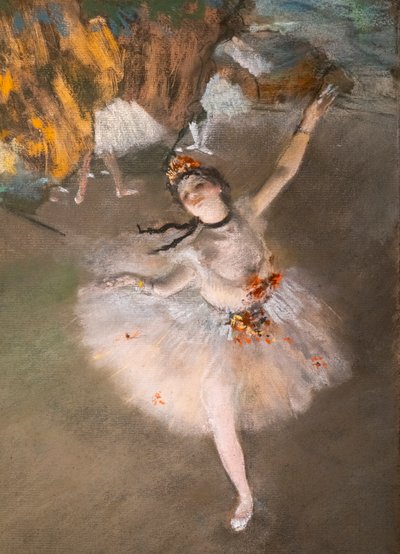 バレエ（「レトワール」とも呼ばれる）（細部）。1876-1877.モノタイプにパステル。 作： Edgar Degas