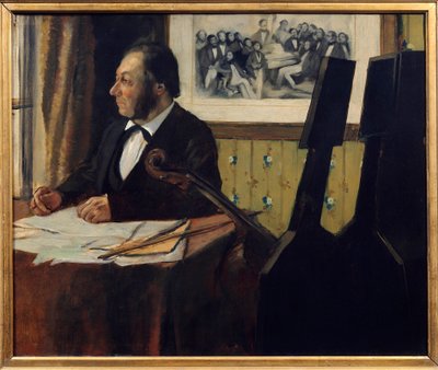 チェリストのピレ、ルイ・マリー・ピレ（1815-1877）。エドガー・ドガ（1834-1917）の絵画 1869年 日。0,50 x 0,61 m Paris.オルセー美術館 - オペラ座のオーケストラのチェロ奏者、ルイ＝マリー・ピレ（1815-1877）の肖像。エドガー・ドガ（1834-1917）の絵画 作： Edgar Degas