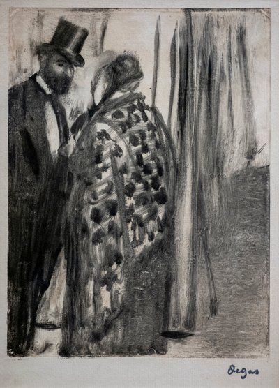 会話（ルドヴィック・ハレビィとマダム・カーディナル）。1876年から1877年頃。モノタイプは、作家による二次支持体の厚紙に黒インクでマウントされています。 作： Edgar Degas