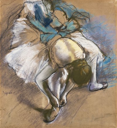 彼女の靴を履くダンサー。ダンサーがスリッパを結ぶ、1880〜1885年 作： Edgar Degas