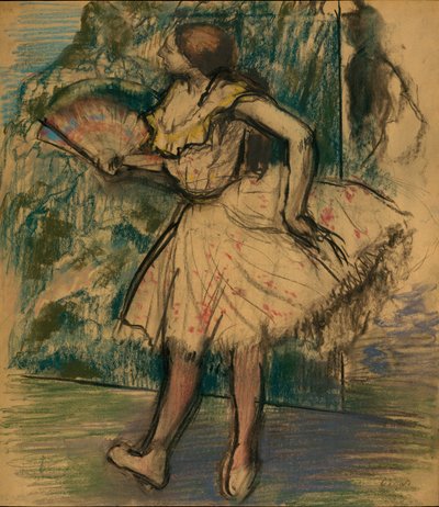 ファンとダンサー、c.1890-95（パステルカラーと木炭、バフ色の織りのトレーシングペーパー） 作： Edgar Degas