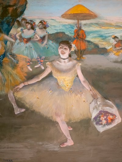 花束を持ったダンサー（詳細）。1878.パステル、ベラン紙マルフィーユ、キャンバス 作： Edgar Degas
