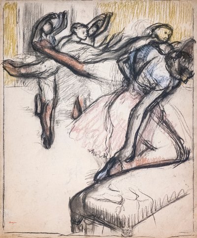 オペラ座のホワイエで練習するダンサーたち。1890年頃。紙にパステルと木炭。 作： Edgar Degas
