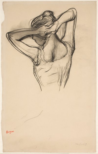 髪をセットするダンサー。 横顔の半分は左、半分は後ろから 作： Edgar Degas