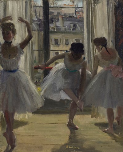 3人のダンサーのエクササイズルームでのダンサー、1873年。 作： Edgar Degas