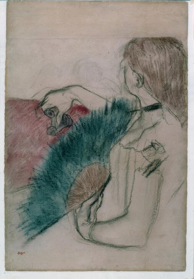 劇場にて：扇子を持った女性 作： Edgar Degas