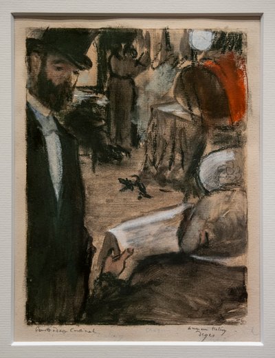 楽屋でマダム・カーディナルを見つけたルドヴィック・ハレヴィ（Ludovic Halevy）。1876年から1877年頃。モノタイプにパステルと鉛筆。 作： Edgar Degas