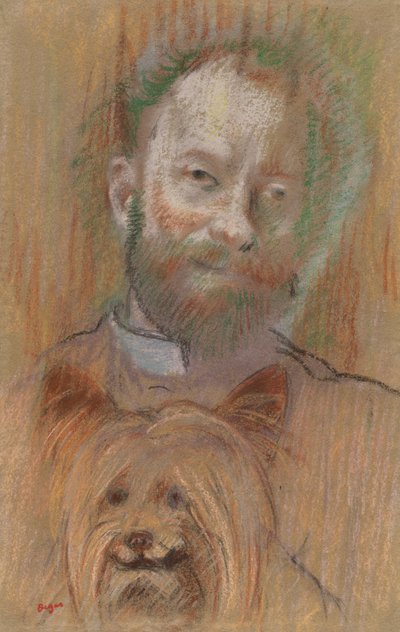 犬を抱いたルドビック・レピック、1889 作： Edgar Degas