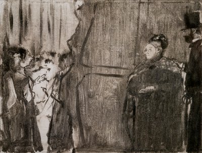 ルディヴィック・ハレヴィとマダム・カーディナルの舞台裏を紹介します。1876年から1877年頃。モノタイプは黒インク。 作： Edgar Degas