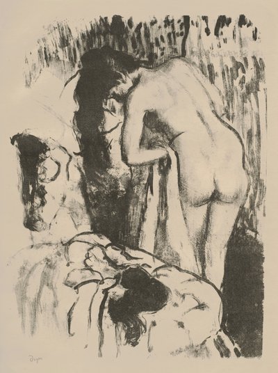 立っている裸の女性、自分自身を乾かす、c.1891-92（網目紙のリトグラフ） 作： Edgar Degas