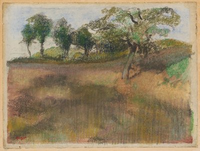 樹木に囲まれた耕作地 作： Edgar Degas