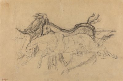 障害物競走のシーンのための競走馬の研究：堕落した騎手、c。 1881年。 作： Edgar Degas