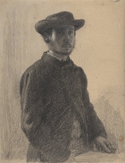 自画像、1857年頃（黒チョークとグラファイト、ベージュのウーヴ紙に白のグラファイト） 作： Edgar Degas