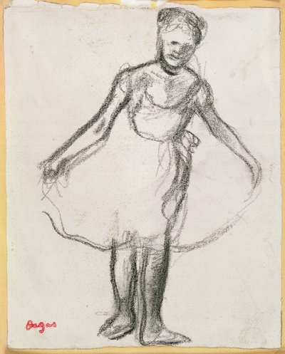 スタンディングダンサーホールディングチュチュ（紙に木炭） 作： Edgar Degas