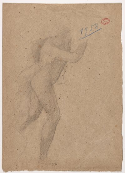 マルカントニオ・ライモンディがラファエロの後に描いた版画「無辜の民の虐殺」の下絵、1854-56年頃（茶色い紙に鉛筆とスタンプで描いたもの 作： Edgar Degas