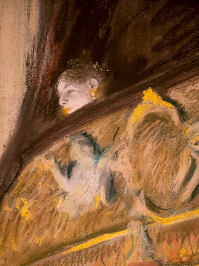 劇場のロッジの習作（詳細）。1880.キャンバスに厚紙のマルフールにパステルと油彩。 作： Edgar Degas