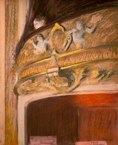 劇場のロッジの研究1880.キャンバスに厚紙のマルフールにパステルと油彩。 作： Edgar Degas