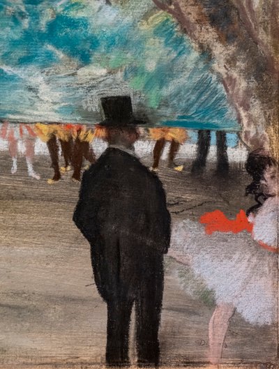The Curtain（詳細）。1881年頃。木炭にパステル、モノタイプ、厚紙にマウント。 作： Edgar Degas
