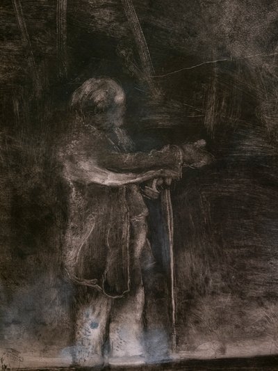 バレエの巨匠（細部）（ルドヴィック・ルピックとの共同制作）。1876.モノタイプ、黒インク、白チョークのハイライト 作： Edgar Degas