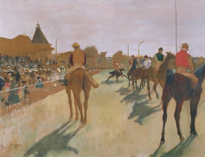 パレード、またはスタンドの前の競走馬、c.1866-68（紙に油彩） 作： Edgar Degas