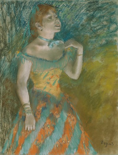 緑の歌手、1884年頃（水色の紙にパステル） 作： Edgar Degas